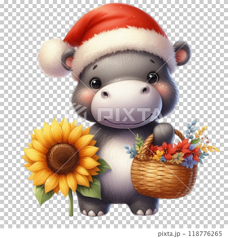 Cute hippopotamus with Christmas clipart watercolor Cute hippopotamus with Christmas clipart watercolor 118776265