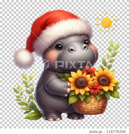 Cute hippopotamus with Christmas clipart watercolor  118776266