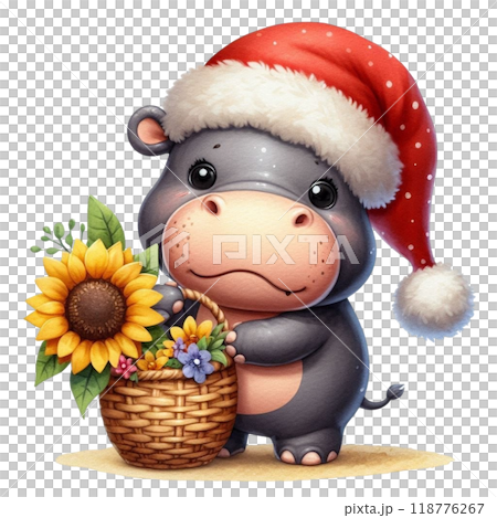 Cute hippopotamus with Christmas clipart watercolor  118776267