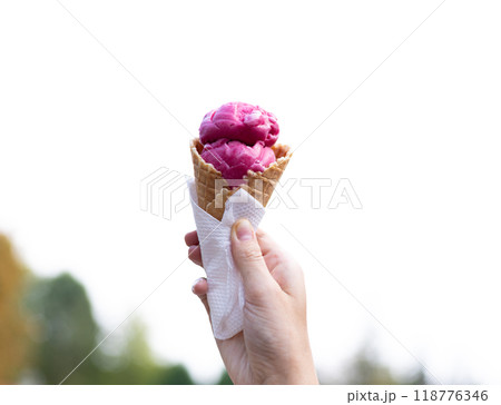ice cream currant in waffle cup in hand ice cream currant in waffle cup in hand 118776346