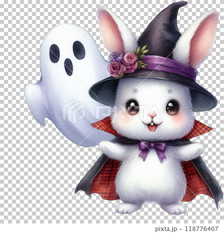 rabbit wearing a vampire costume clipart watercolor  118776407