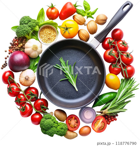 tasty fresh ingredients and frying pan tasty fresh ingredients and frying pan 118776790