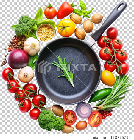 tasty fresh ingredients and frying pan tasty fresh ingredients and frying pan 118776790