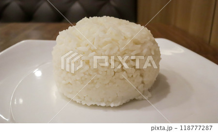 A plate of white rice ready to eat, studio shot, for commercial and product marketing promotion. A plate of white rice ready to eat, studio shot, for commercial and product marketing promotion. 118777287