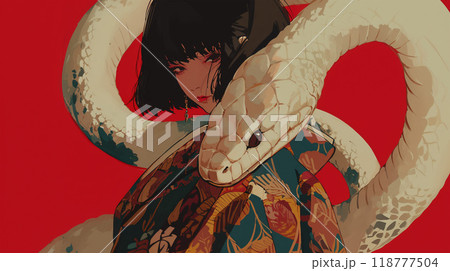 蛇と着物を着た美しい女性のイラスト素材 [118777504] - PIXTA