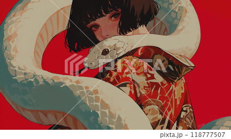 蛇と着物を着た美しい女性のイラスト素材 [118777507] - PIXTA