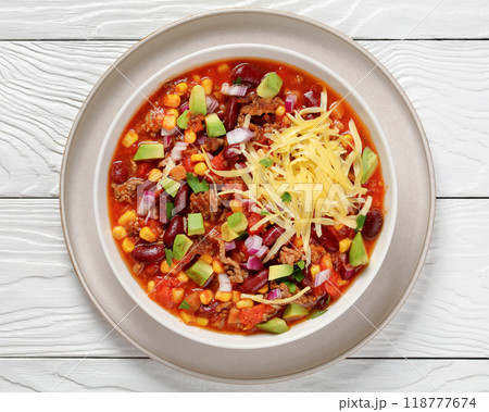taco soup with kidney bean, corn, ground beef 118777674