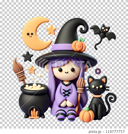 witch halloween with a magic wand and a pumpkin 118777757