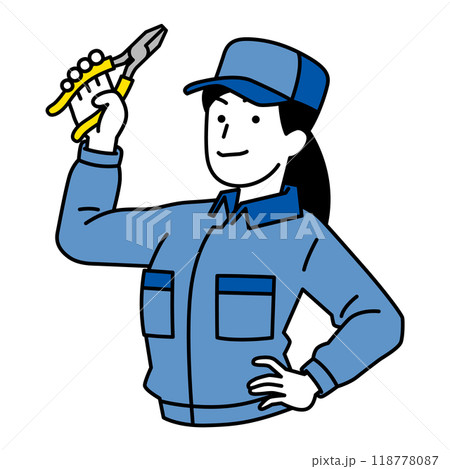 ペンチを構えるつなぎ作業服の女性 ペンチを構えるつなぎ作業服の女性 118778087