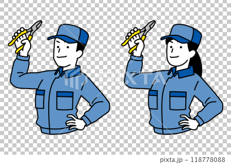 Set of men and women in overalls holding pliers Set of men and women in overalls holding pliers 118778088