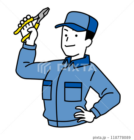ペンチを構えるつなぎ作業服の男性 ペンチを構えるつなぎ作業服の男性 118778089