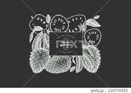 Hand drawn sketch style soursop fruit banner. Organic fresh fruit vector illustration on chalk board. Retro guanabana design template Hand drawn sketch style soursop fruit banner. Organic fresh fruit vector illustration on chalk board. Retro guanabana design template 118778303