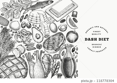 Dash Diet Design Template. Vector Hand Drawn Healthy Food Banner. Vintage Style Menu Illustration. 118778304