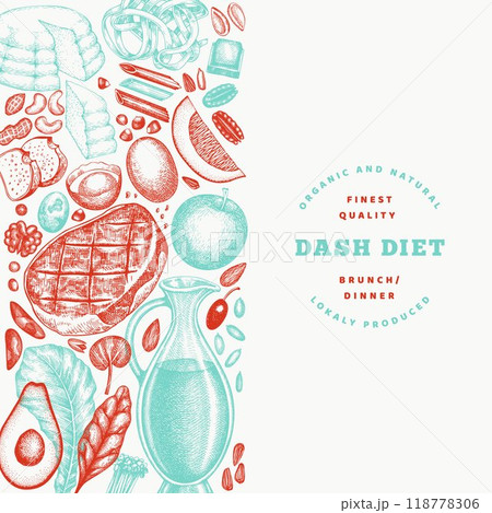 Dash Diet Design Template. Vector Hand Drawn Healthy Food Banner. Vintage Style Menu Illustration. 118778306