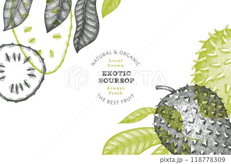 Hand drawn sketch style soursop fruit banner. Organic fresh fruit vector illustration. Retro guanabana design template 118778309