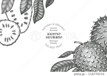 Hand drawn sketch style soursop fruit banner. Organic fresh fruit vector illustration. Retro guanabana design template 118778310