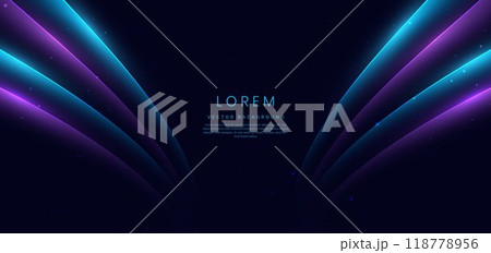 Abstract blue and purple curve lines glowing on dark blue background with copy space for text. Luxury design style. 118778956