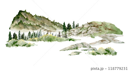 Scenery landscape mountains fields hills pasture land alpine vista, coniferous forest fir spruce trees hand drawn in watercolor. Illustration for tourism, resort ads, hiking camping sites, vacation. 118779231