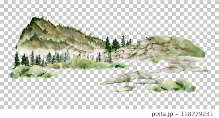 Scenery landscape mountains fields hills pasture land alpine vista, coniferous forest fir spruce trees hand drawn in watercolor. Illustration for tourism, resort ads, hiking camping sites, vacation. 118779231