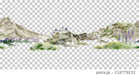 Scenery landscape of alpine vista, meadow grass moorland rock cliffs crags with grass and flowers, hand drawn in watercolor. Seamless banner. For tourism, resort ads, hiking camping sites, vacation. Scenery landscape of alpine vista, meadow grass moorland rock cliffs crags with grass and flowers, hand drawn in watercolor. Seamless banner. For tourism, resort ads, hiking camping sites, vacation. 118779232