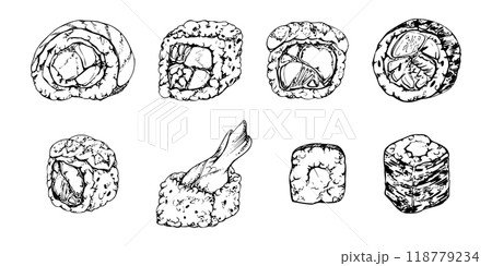 Traditional Japanese food, california philadelphia alaska sushi rolls with raw fish salmon unagi tuna shrimp, hand drawn in vector pen and ink. Set of elements for restaurant, cafe menu, recipe book 118779234