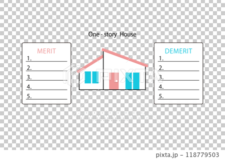 平屋住宅のメリットとデメリットを比較するイメージイラスト 平屋住宅のメリットとデメリットを比較するイメージイラスト 118779503