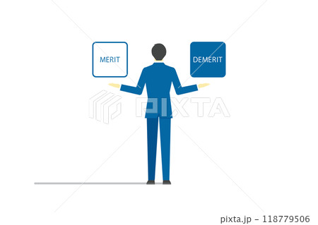 メリットとデメリットを比較する後ろ姿のビジネスマン メリットとデメリットを比較する後ろ姿のビジネスマン 118779506
