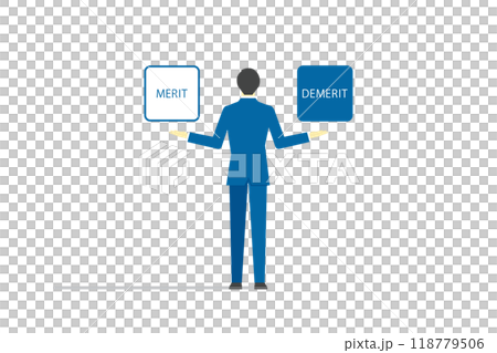 メリットとデメリットを比較する後ろ姿のビジネスマン メリットとデメリットを比較する後ろ姿のビジネスマン 118779506