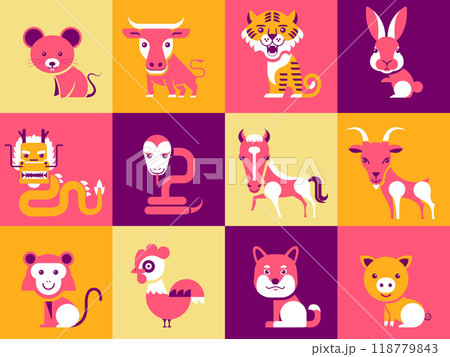 Set of Chinese zodiac mascots, cartoon character, Chinese horoscope zodiac collection,  geometric minimal flat design, symbol 118779843