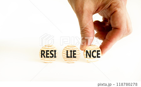 Resilience symbol. Concept word Resilience on beautiful wooden circles. Beautiful white table white background. Businessman hand. Business resilience concept. Copy space. 118780278