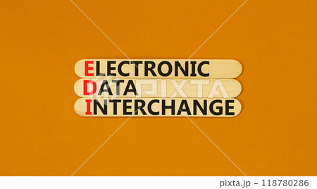 EDI electronic data interchange symbol. Concept words EDI electronic data interchange on wooden stick. Beautiful orange background. Business and EDI electronic data interchange concept. Copy space. 118780286