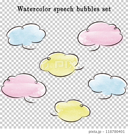 Colorful cloud-shaped speech bubbles watercolor vector illustration set Colorful cloud-shaped speech bubbles watercolor vector illustration set 118780401