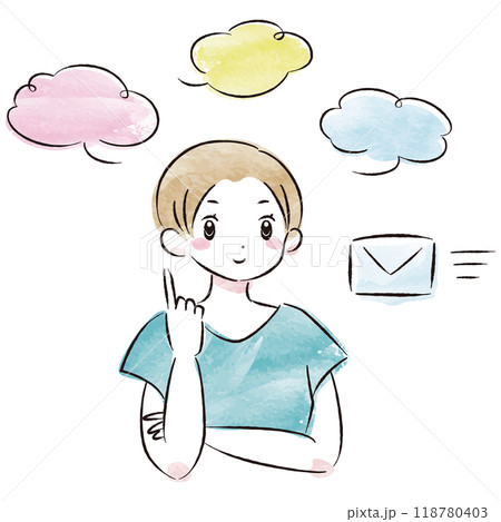メールを受信するおしゃれな女性の水彩画ベクターイラスト（吹き出し付き） 118780403