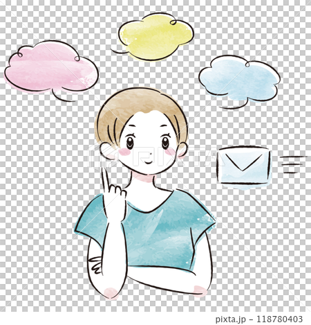 メールを受信するおしゃれな女性の水彩画ベクターイラスト（吹き出し付き） 118780403