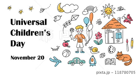 Universal Childrens day banner with doodle items Universal Childrens day banner with doodle items 118780705