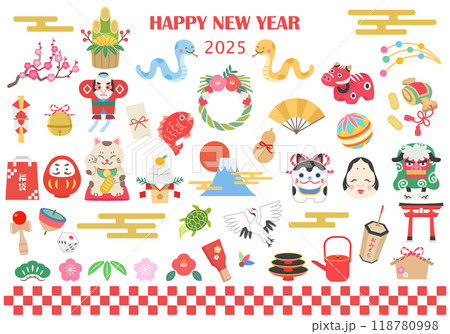 2025年　お正月アイコンイラストセット　（巳年） 118780998