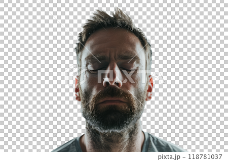 Portrait of a man with a complex, layered expression, portraying the multifaceted nature of mental illness, on white 118781037