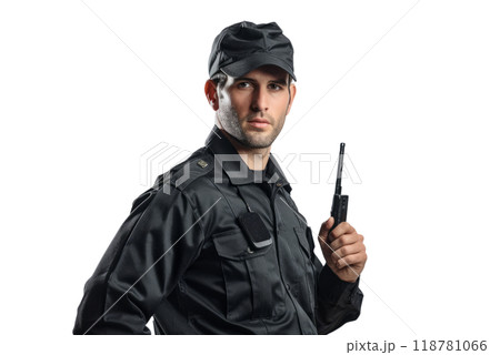 A security guard in a black uniform, holding a walkie-talkie , white background. 118781066
