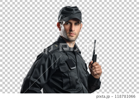 A security guard in a black uniform, holding a walkie-talkie , white background. 118781066