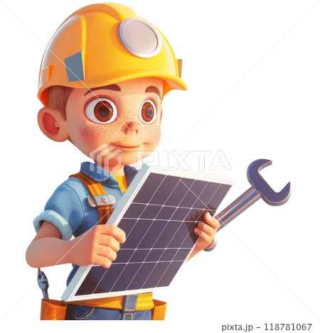 A solar installer in a work shirt, holding a solar panel and a wrench, on a white background. 118781067