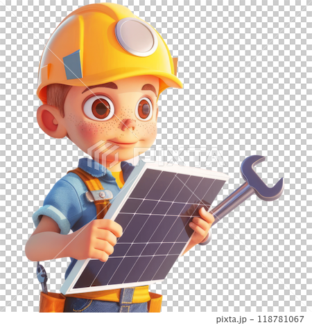 A solar installer in a work shirt, holding a solar panel and a wrench, on a white background. 118781067