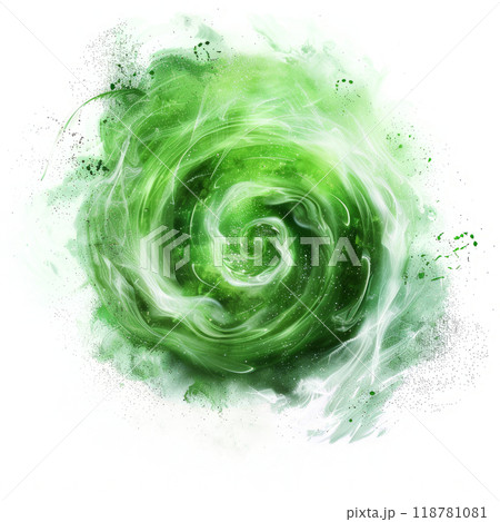 Dynamic green magical whirlwind, representing a powerful enchantment spell, on a clean white background. 118781081