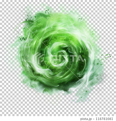 Dynamic green magical whirlwind, representing a powerful enchantment spell, on a clean white background. 118781081