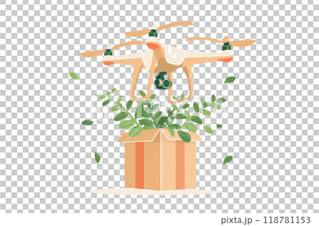 A drone delivering a small potted plant, symbolizing sustainable tech delivery, on a white background 118781153