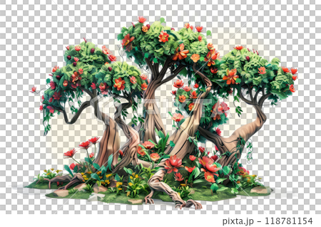 A neural network made up of interconnected natural elements, such as trees and flowers. 118781154