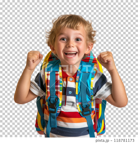 colorful backpack, their face full of excitement for going to school, on a white background. colorful backpack, their face full of excitement for going to school, on a white background. 118781173