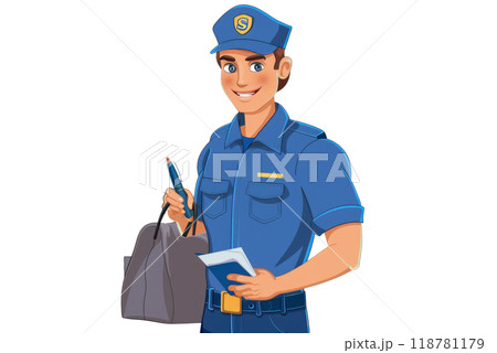 A postal worker in a blue uniform, holding a mailbag and a pen, white background. 118781179