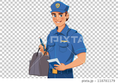 A postal worker in a blue uniform, holding a mailbag and a pen, white background. 118781179