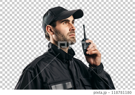 A security guard in a black uniform, holding a walkie-talkie , white background. 118781180