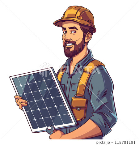 A solar installer in a work shirt, holding a solar panel and a wrench, on a white background. 118781181